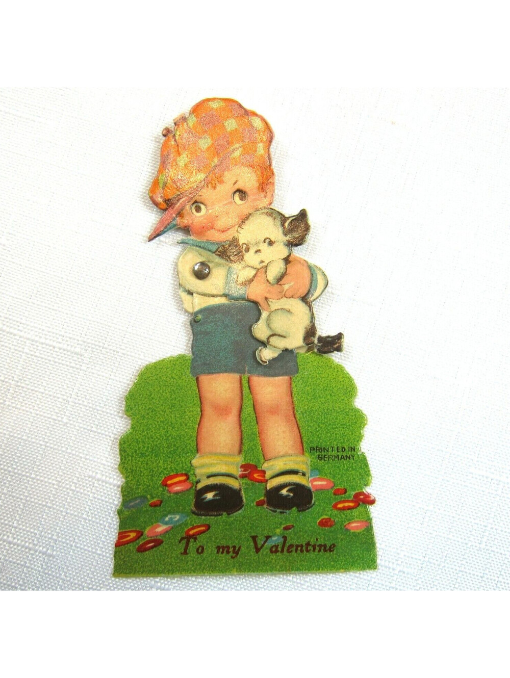 Vintage Valentine Card Mechanical Boy Puppy Dog Moving Eyes Arms Germany 20s-30s